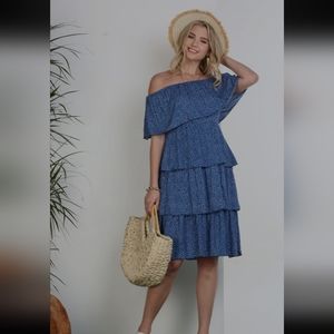 NWT Ninexis Off Shoulder 3 Layers Ruffled Dress Womens/Med Blue w/ White Dots